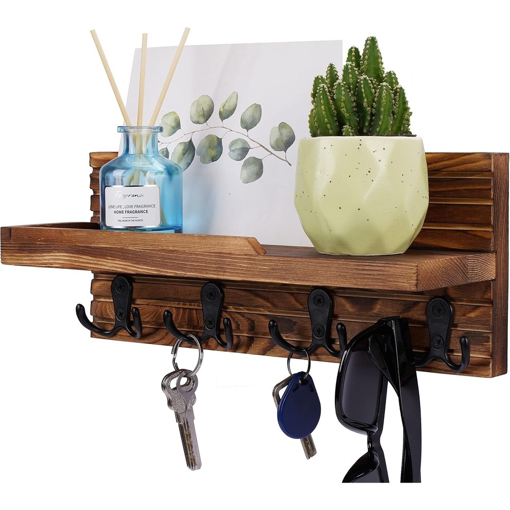 WeBravery Decorative Key Hanging Rack 4 Double Hooks Natural Wood Brown Shelf